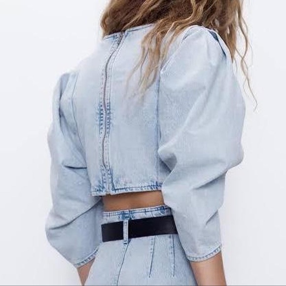Zara Balloon Sleeve Denim Top Size M - Picture 3 of 7